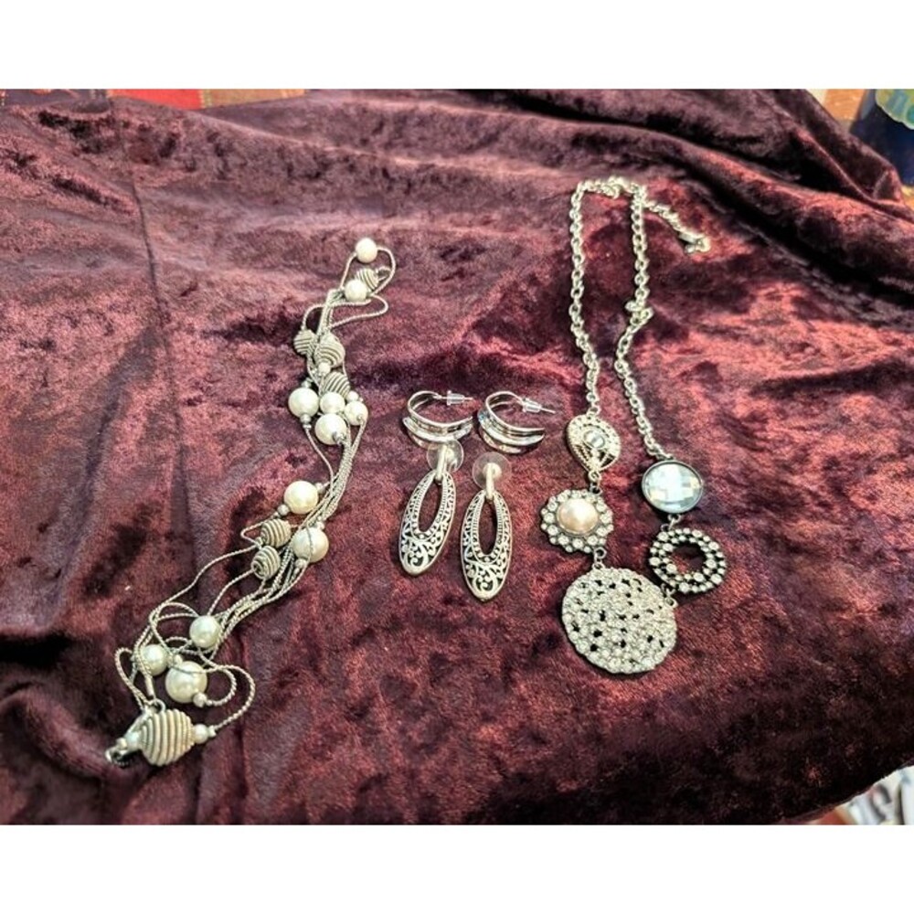 Silver-tone Bundle: Vera Wang Necklace, Multi-strand Necklace, 2prs Earrings